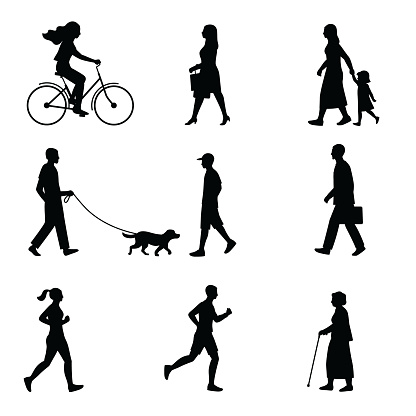 Vector Silhouettes of people going about their business, walking or exercising, jogging