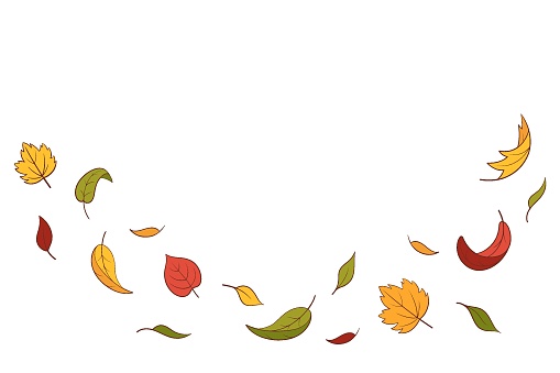 Leaves fall set in cartoon style, vector illustration. Wave cold air during windy weather. Maple leaf outline for print and design. Isolated color elements on a white background. Autumn symbol nature
