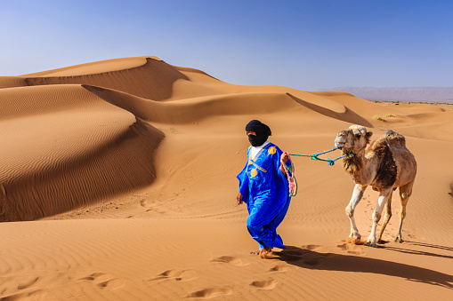 Tuareg with camels on the western part of The Sahara Desert in Morocco. The Sahara Desert is the world's largest hot desert.