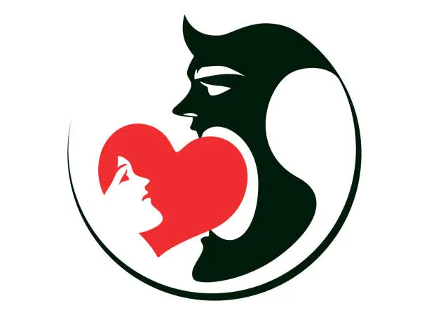 Vector illustration of devil biting heart shape silhouette