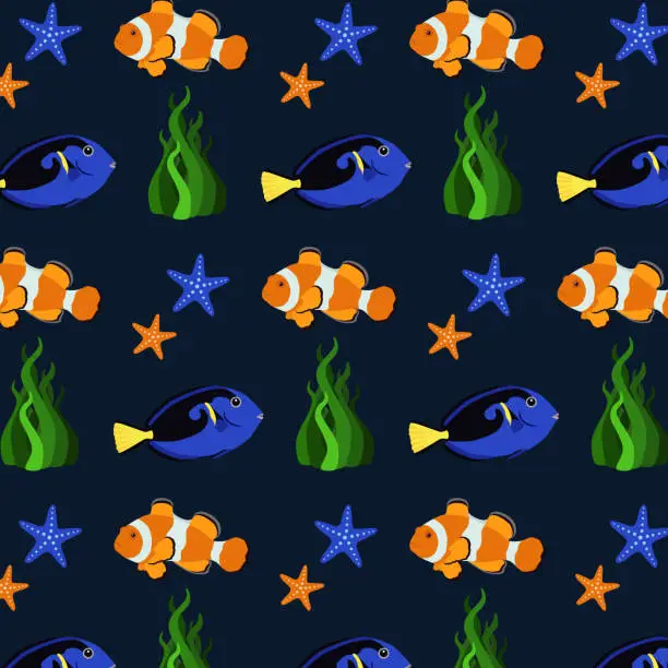 Vector illustration of Pattern with fish and starfish on a dark blue background