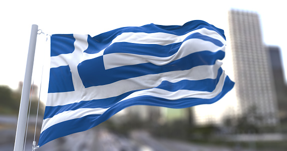 3d illustration flag of Greece. Greece flag isolated on the sky waving in the wind.