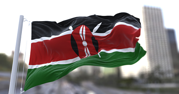 3d illustration flag of Kenya. Kenya flag isolated on the sky waving in the wind.