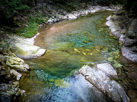 River in the mountains behind the stream of rich water