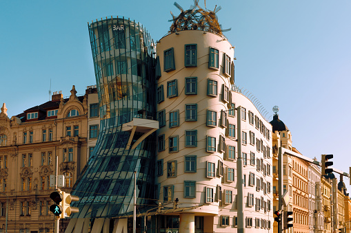 March 1, 2022: Dancing House in Prague Czech Republic. The building was designed by Vlado Milunic and Frank Gehry, built in 1996.
