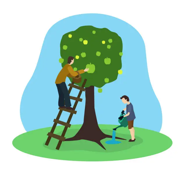 Vector illustration of Dad and son do common work in the garden together