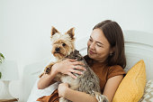 A young smiling woman hugs a Yorkshire terrier sitting at home on a bed.