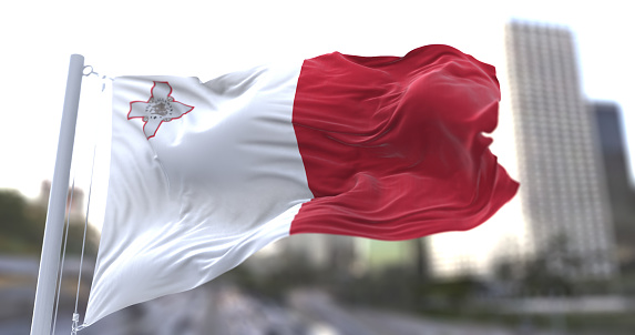 3d illustration flag of Malta. Malta flag isolated on the sky waving in the wind.