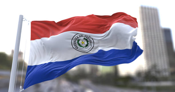 3d illustration flag of Paraguay. Paraguay flag isolated on the sky waving in the wind.