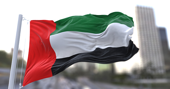 3d illustration flag of United Arab Emirates. United Arab Emirates flag isolated on the sky waving in the wind.