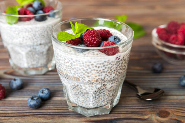 istock Healthy breakfast or morning with chia seeds vanilla pudding raspberry and blueberry berries on table background, vegetarian food, diet and health concept. Chia pudding with raspberry and blueberry 1679964074