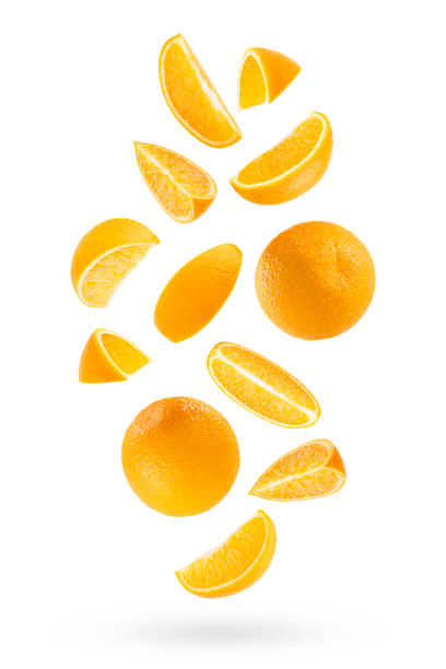 istock Juicy oranges as flow fly or fall as art composition. Whole, half, quarter pieces fruit isolated on white background with shadow. Tropical fruits for advertising, design, label product, poster, card. 1679974666
