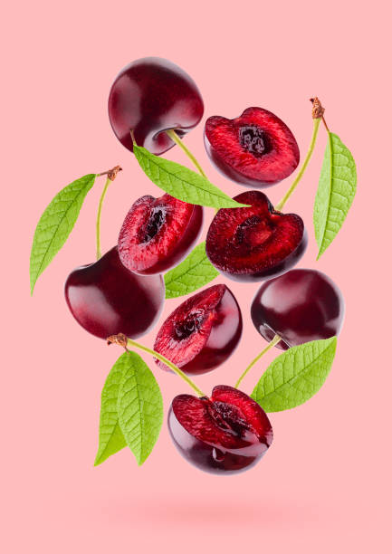 istock Bright red cherry with green leaves closeup levitation as flow, art composition. Whole, half fruits on pastel pink background, shadow. Summer ripe fruits for advertising, design, label product, card. 1679980428