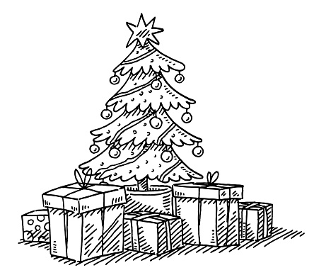 Hand-drawn vector drawing of a Christmas Tree and Gift Boxes. Black-and-White sketch on a transparent background (.eps-file). Included files are EPS (v10) and Hi-Res JPG.