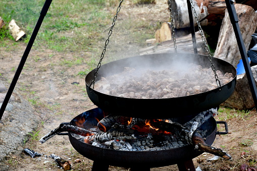 A close up on some bread, sausages, cheese and other snacks being fried on a grill hanging from a metal chain and located next to a bowl with rice seen during a medieval festival organized in Poland