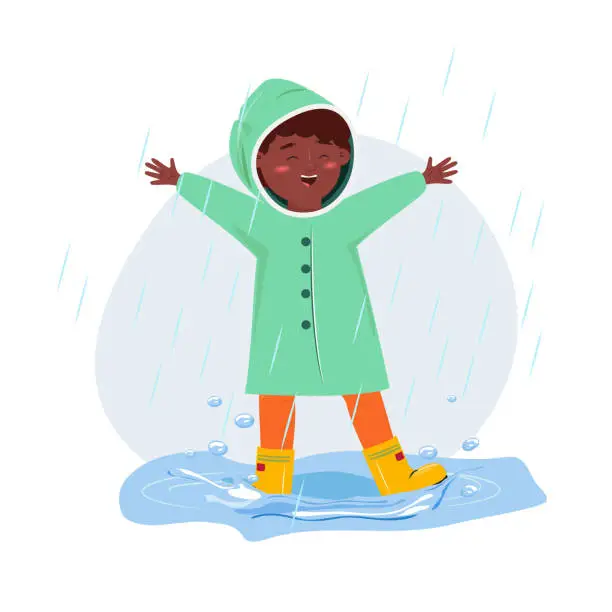 Vector illustration of Happy black child in the puddle enjoying rainy weather