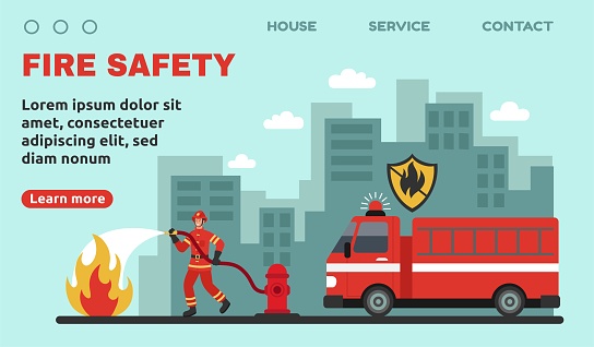 Fire protection landing page. Firefighter safety website design. Fireman using extinguish technology in disaster. Emergency rescue service. Man firefightering in city. Vector template tidy concept