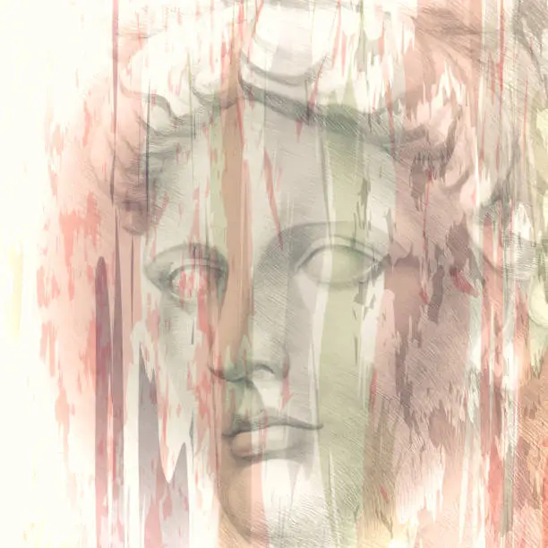 Vector illustration of Ancient Greece. Antique sculpture of the head of Apollo on an abstract watercolor background. Stylish author's drawing, drawn by hand.