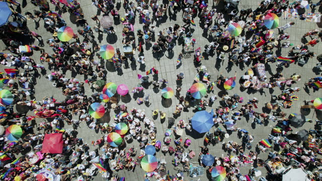 Aerial shot of people walking on the gay pride parade