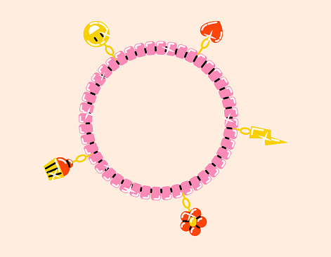 Girlish cute handmade bracelet with pendants or keychains. Vector isolated baby beaded flat chain, 90s fashion.