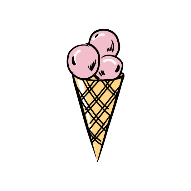 Doodle style ice cream. Hand drawn vector illustration. An ice cream cone with three balls on a white background. Food, sweets. Pink and yellow color. Doodle style ice cream. Hand drawn vector illustration. An ice cream cone with three balls on a white background. Food, sweets. Pink and yellow color. whip cream dollop stock illustrations