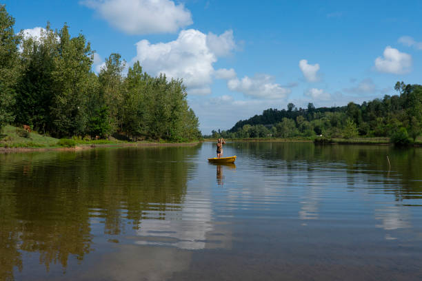 homem rema barco através de um lago tranquilo - self reflection - fotografias e filmes do acervo