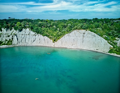 Aerial View of Cliffs and the edge of a lake
