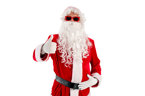 santa claus in red suit with beard in glasses shows like with his hand on white isolated background, concept of new year and christmas