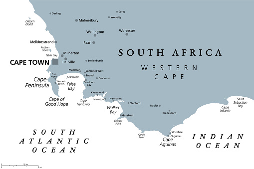 Cape of Good Hope, region in South Africa, gray political map. From Cape Town and Cape Peninsula, a rocky headland on the South Atlantic coast, to Cape Agulhas, southern tip of the continent Africa.