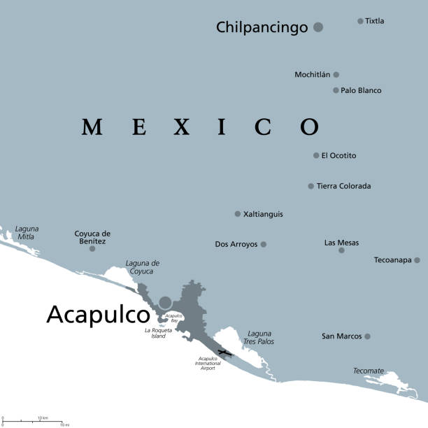 Acapulco and surroundings, port of call in Mexico, gray political map Acapulco and surroundings, gray political map. Acapulco de Juarez, city and major port of call in state of Guerrero on Pacific Coast of Mexico. Popular tourist spot and port of call for cruise ships. major cities stock illustrations