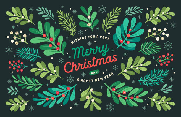 Christmas Holiday Background with Mistletoe Branches, Berries and Snowflakes vector art illustration