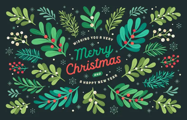 Vector illustration of Christmas Holiday Background with Mistletoe Branches, Berries and Snowflakes