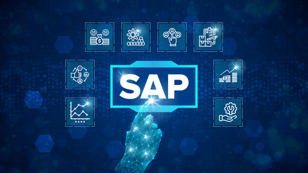 ilustraciones, imágenes clip art, dibujos animados e iconos de stock de sap system software automation - concepto de construcción de enterprise resource planning (erp) en pantalla virtual. - hannah