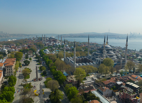 Blue Mosque (Sultanahmet Cami) and  Hagia Sophia (Ayasofya Cami) Drone Photo, Eminonu Fatih, Istanbul, Turkey (Turkiye)