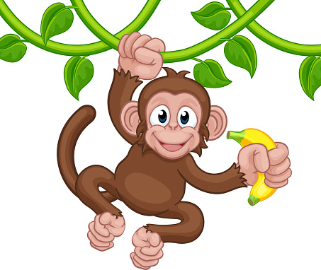 A monkey cartoon character singing on jungle vines with banana