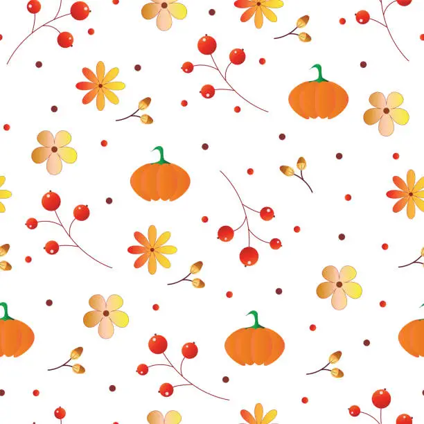 Vector illustration of seamless pattern - autumn theme with flowers, leaves and pumpkins