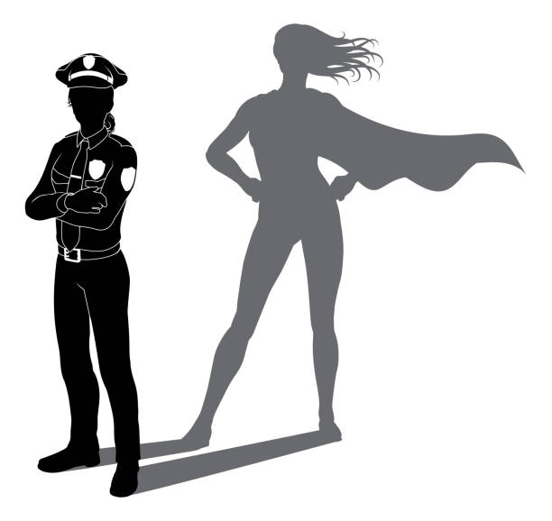 Superhero Police Woman Officer Super Hero Shadow A superhero police officer woman revealed by her shadow silhouette as a super hero in a cape female police officer stock illustrations
