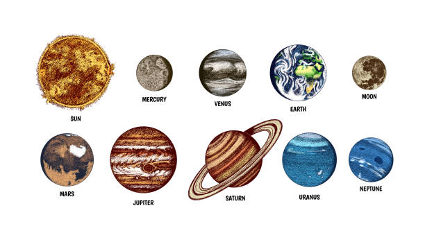 Planets in solar system. Moon and the sun, mercury and earth, mars and venus, jupiter or saturn and pluto. astronomical galaxy space. engraved hand drawn in old sketch, vintage style for label