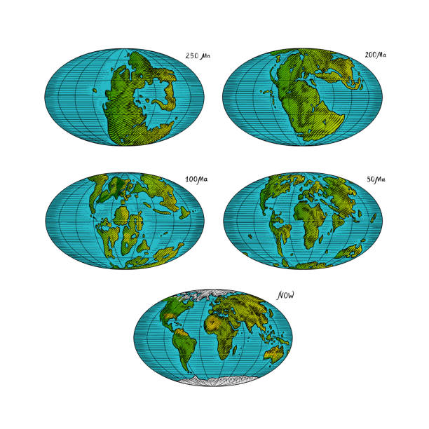 행성 지구의 판 구조론. 판게아. 대륙 이동. 250ma의 초대륙. 공룡의 시대. 쥬라기 시대. 중생대. 타이포그래피를 위해 손으로 그린 스케치. 빈티지 인그레이빙 스타일. - continents globe continent tectonic stock illustrations