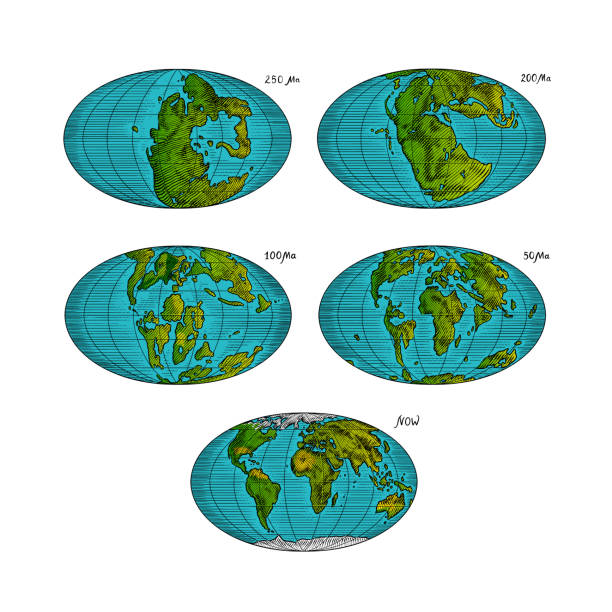 Plate tectonics on the planet Earth. Pangaea. Continental drift. Supercontinent at 250 Ma. Era of the dinosaurs. Jurassic period. Mesozoic. Hand drawn sketch for typography. Vintage engraving style