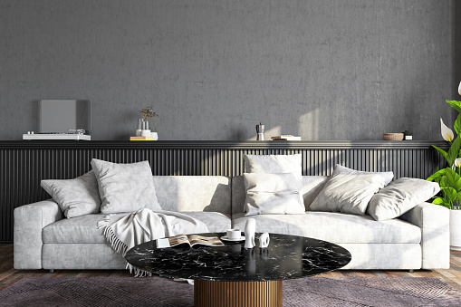 Modern Living Room a Sofa and Accessories and Empty Mockup Gray Wall. 3D Render