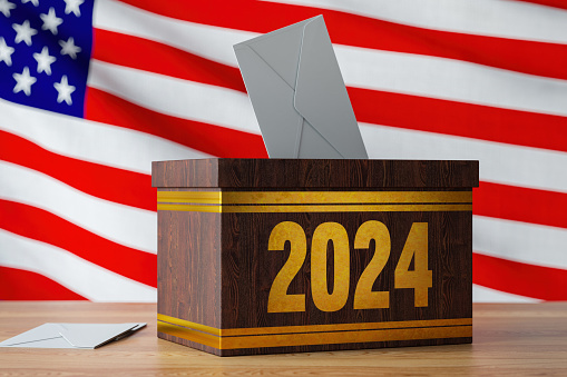 2024 USA Election Concept with a Ballot Box and American Flag. 3D Render
