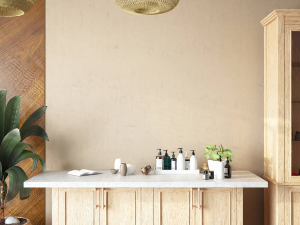 Empty Mockup Beige Wall with a Bathroom Drawer and Accessories