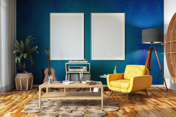 istock Two Empty Mockup Picture Frames on Cozy Room's Blue Wall 1680109173