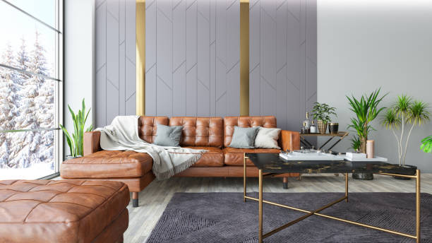 istock Modern Living Room with Leather Seats and Winter View 1680109724