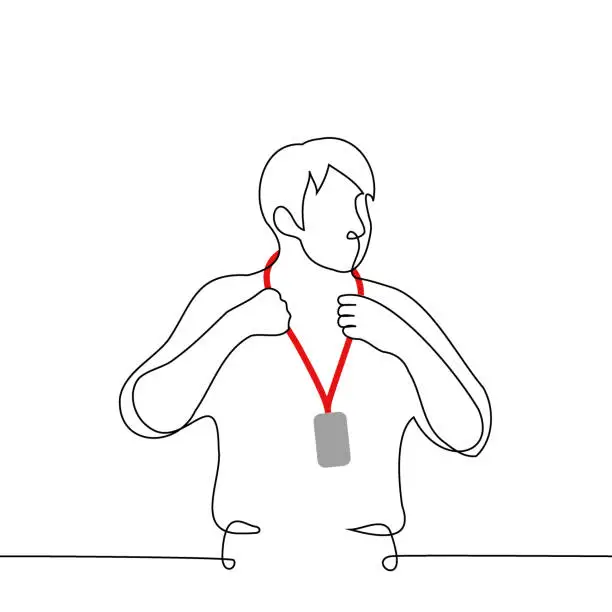 Vector illustration of man puts on or takes off a badge on a red ribbon - one line art vector. concept of preparation or completion of a conference, seminar or business meeting