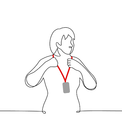 woman puts on or takes off a badge on a red ribbon - one line art vector. concept of preparation or completion of a conference, seminar or business meeting
