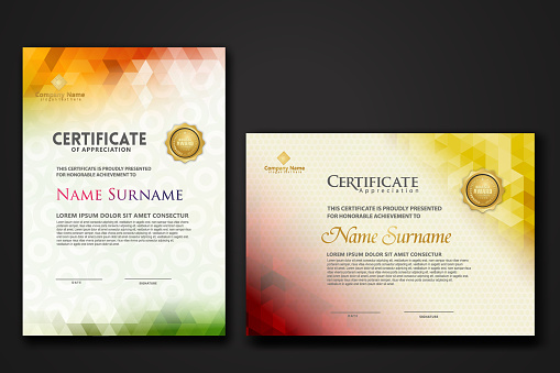 Set modern certificate template with gradation colorful polygon shape ornament on background texture. vector illustration