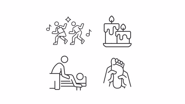 Set of black icon simple animations representing meditation, HD video with transparent background, seamless loop 4K video