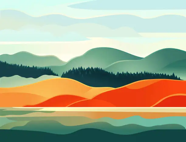 Vector illustration of Decorative landscape stylized of the nature of the northern latitudes